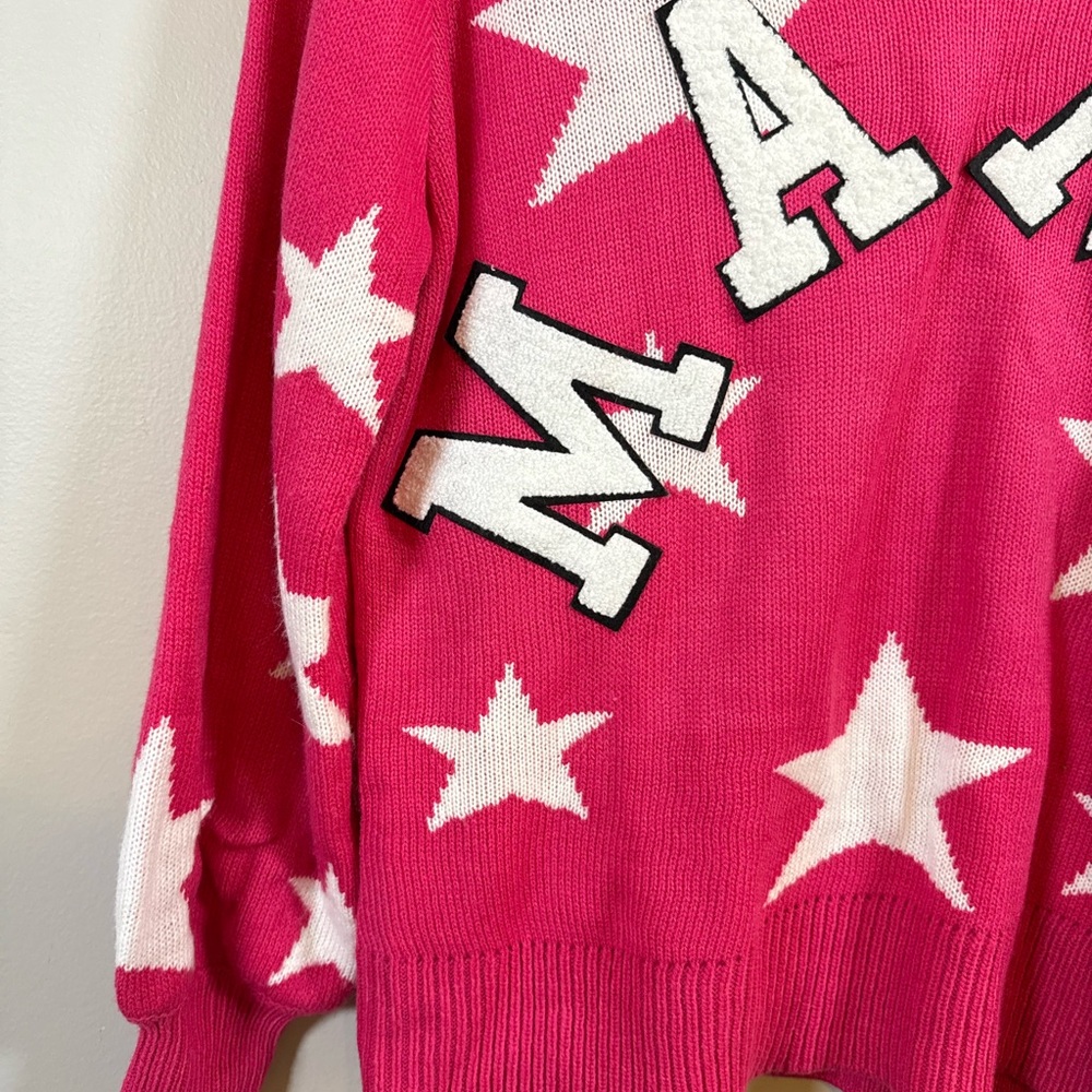 Judith March • Hot Pink MAMA Chenille Patch Star Varsity Oversized Sweater Sz M - Picture 2 of 9